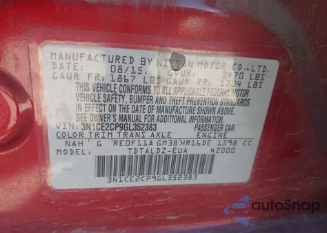 2016 Nissan Versa Note S (Sr)/S Plus/Sl/Sr/Sv z USA, uszkodzony, nr VIN 3N1CE2CP9GL352383